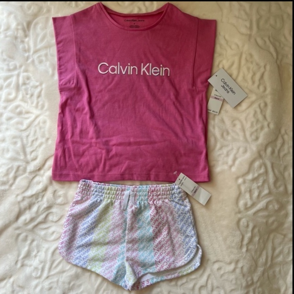 Calvin Klein Little Girls Graphic Jersey Tank & Logo Printed Short 2-Piece Set